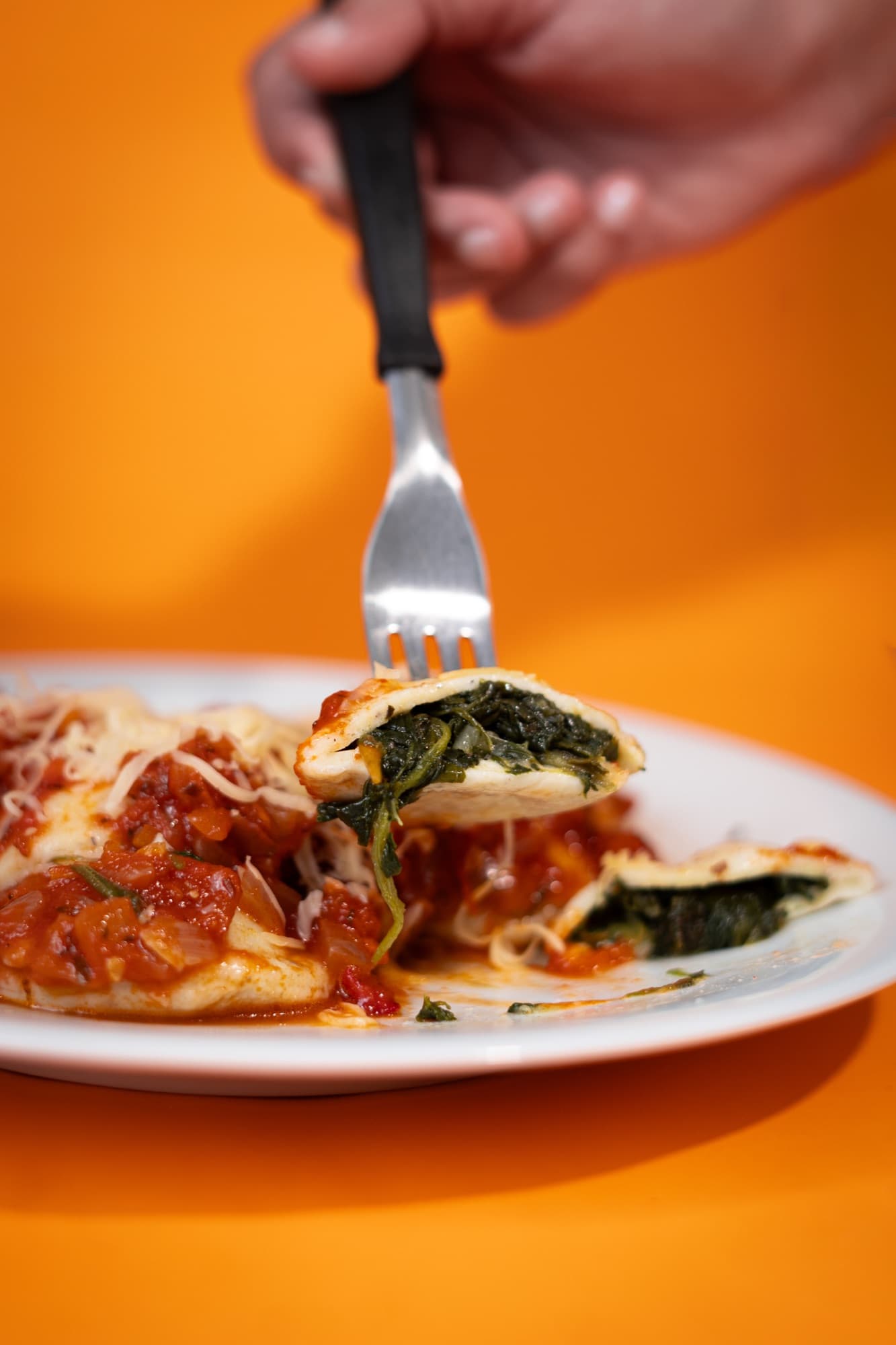 Ravioles de verdura con salsa de tomate y queso, uno pinchado con el tenedor